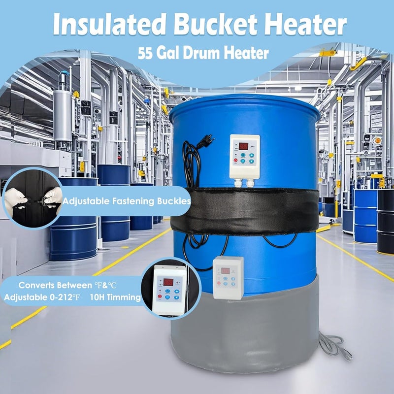 VPF Industrial 55-Gallon Barrel Heater with 0-212℉ Adjustable Thermostat, 1200W Waterproof Drum Heater Blanket for Metal Barrels & Propane Tanks, 24H Timer, UL/FCC Certified Energy-Saving Heating System - Image 3